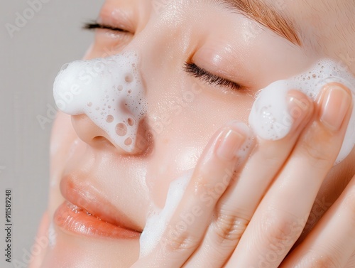 Pure skincare routine with a person washing face, highlighting nurturing and disinfection photo