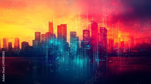 A vibrant city skyline at sunset, showcasing a blend of bright colors and digital effects, perfect for modern projects.