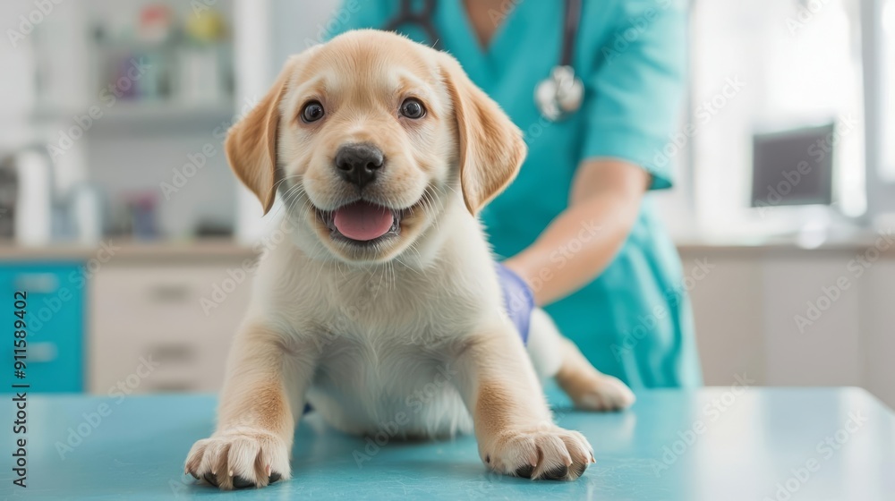 Playful puppy on a clinic table, professional vet examining, bright and clean veterinary clinic Playful puppy on a clinic table, professional vet examining, bright and clean veterinary clinic