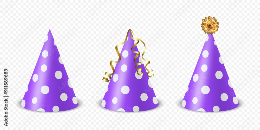 Vector 3d Realistic Purple and White Birthday Party Hat Icon Set Isolated. Party Cap Design Template for Party Banner, Greeting Card. Holiday Hats, Cone Shape, Front View Vector 3d Realistic Purple and White Birthday Party Hat Icon Set Isolated. Party Cap Design Template for Party Banner, Greeting Card. Holiday Hats, Cone Shape, Front View