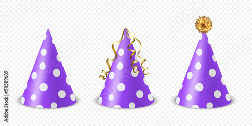 Vector 3d Realistic Purple and White Birthday Party Hat Icon Set Isolated. Party Cap Design Template for Party Banner, Greeting Card. Holiday Hats, Cone Shape, Front View