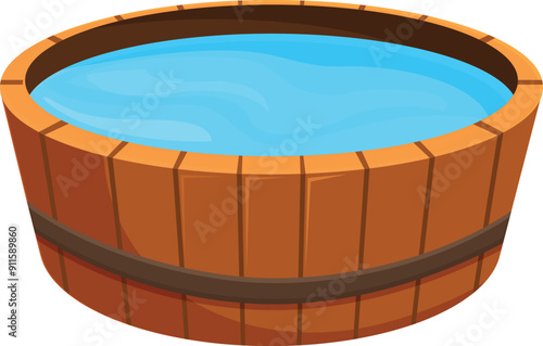Cartoon wooden tub holding clean water, perfect for representing bathing, relaxing, or any other concept that requires clean water