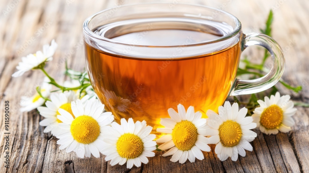Herbal chamomile tea in transparent cup on wooden surface Herbal chamomile tea in transparent cup on wooden surface