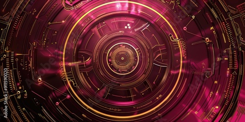 Abstract futuristic circular interface with gold accents.