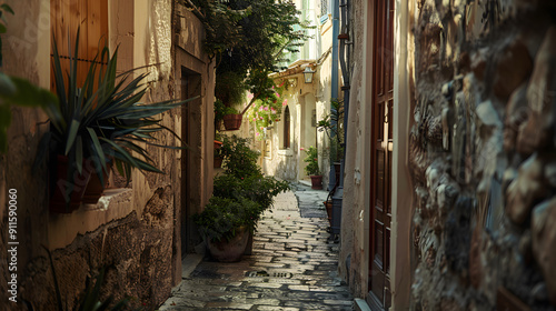Fototapeta Naklejka Na Ścianę i Meble -  Charming narrow alley in Mediterranean coastal town 