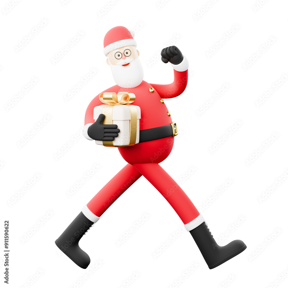 3D cartoon character of Santa Claus running with his gift. 3D cartoon character of Santa Claus running with his gift.