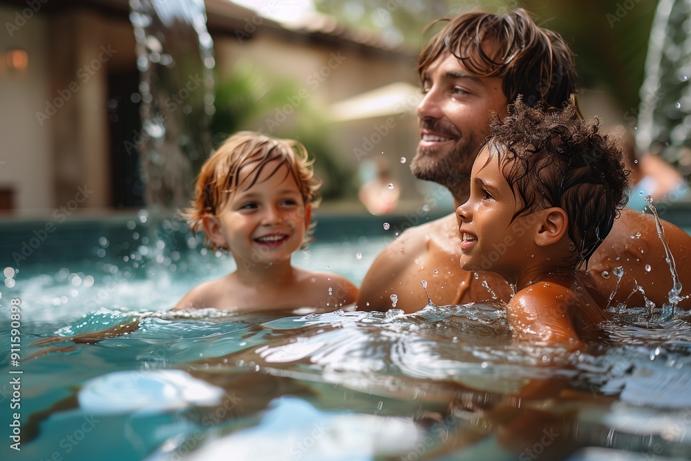 little boy plays with his father in the swimming pool in summer little boy plays with his father in the swimming pool in summer