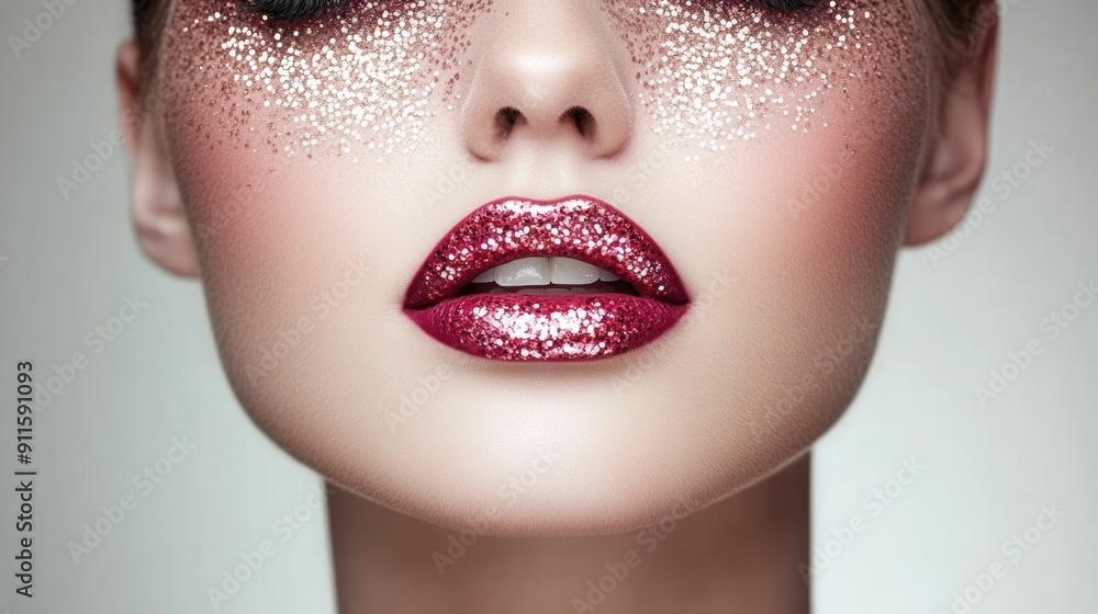 Sparkling glamour close-up of woman's glitter lips Sparkling glamour close-up of woman's glitter lips