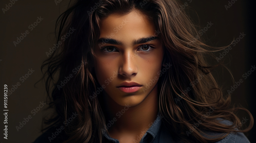 Fototapeta premium Happy cheerful young latino generation z. Smiling ethnic cool generation z teenage student, long hair, gold brown background.