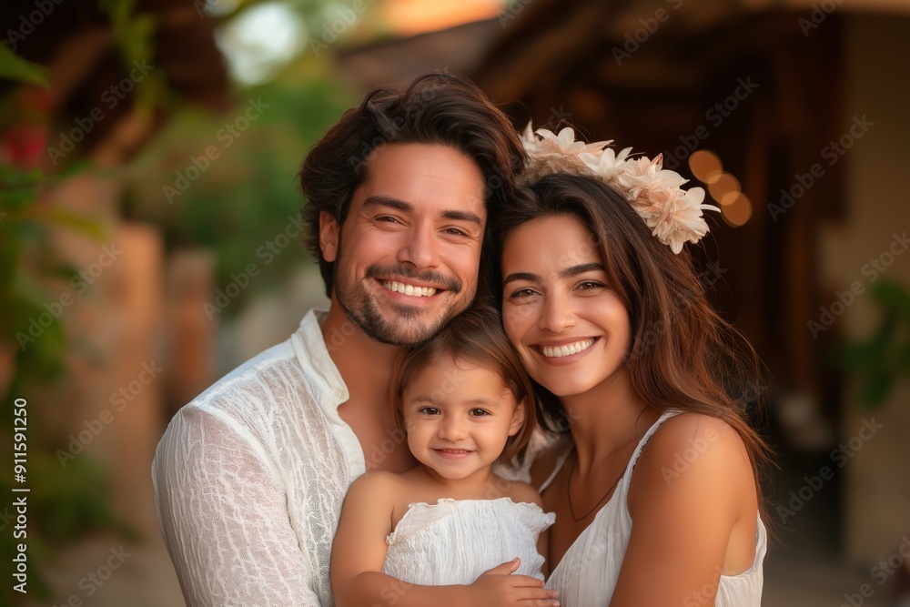 Happy family with parents and a child smiling outdoors, enjoying quality time together on a sunny day. Happy family with parents and a child smiling outdoors, enjoying quality time together on a sunny day.