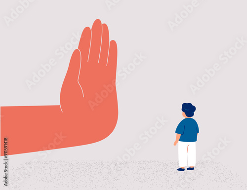 Adult imposing boundaries in upbringing his baby. Restriction of children's rights in society. Human hand shows stop gesture for toddler. Vector illustration