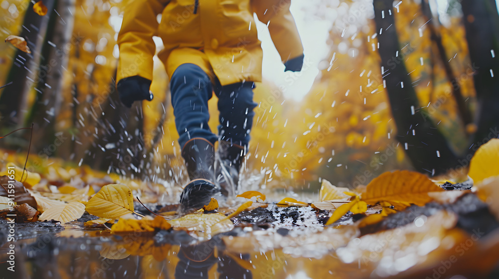 Child in raincoat and boots splashing in autumn puddle Child in raincoat and boots splashing in autumn puddle