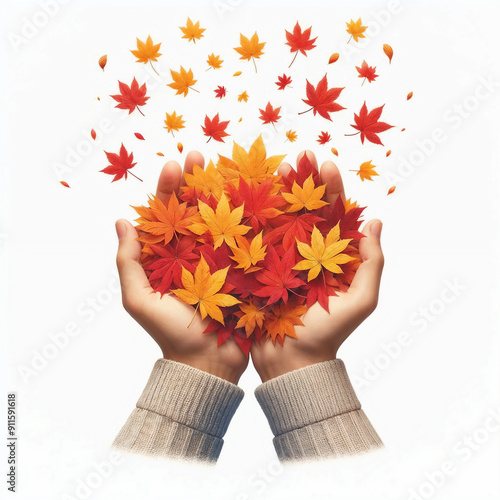 Hands with autumn leaves on white background. AI