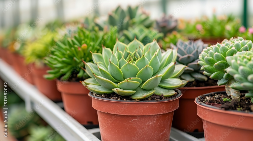 A detailed shot of succulents and cacti arranged on shelves inside a greenhouse A detailed shot of succulents and cacti arranged on shelves inside a greenhouse