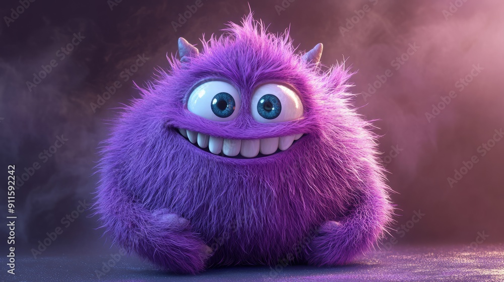 Cute violet or purple furry monster 3D cartoon character Cute violet or purple furry monster 3D cartoon character