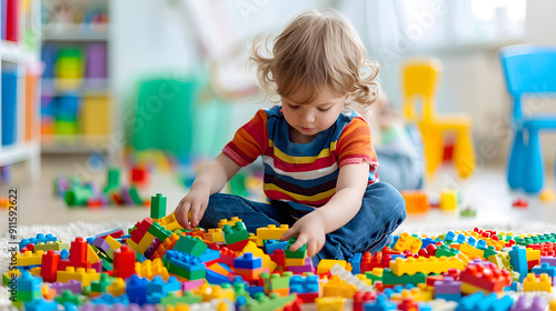 Child playing with colorful building blocks in a bright playroom 