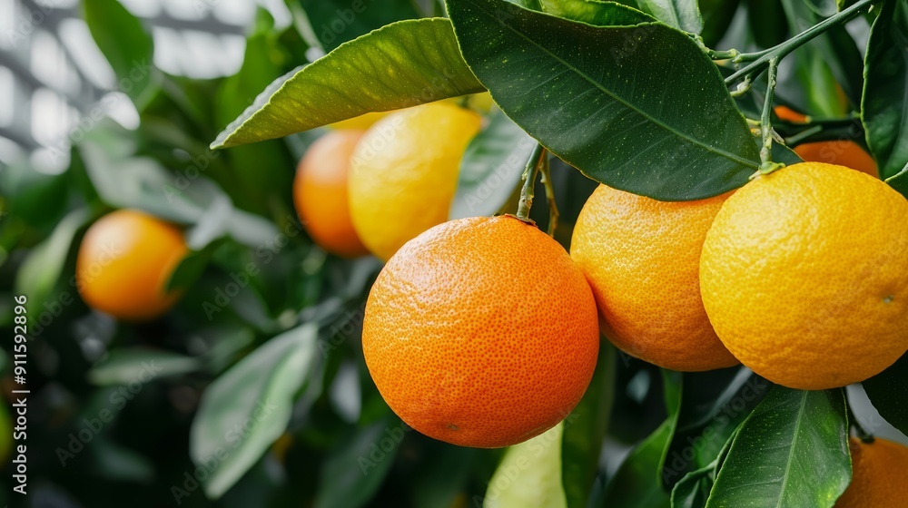A greenhouse with a variety of citrus trees, their fruits glowing brightly among the green leaves A greenhouse with a variety of citrus trees, their fruits glowing brightly among the green leaves