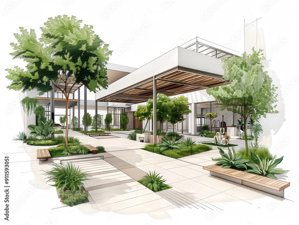 Preliminary drawing of a green space with outdoor art installations, Concept, Soft tones, Pencil sketch, Emphasizing design and vegetation Preliminary drawing of a green space with outdoor art installations, Concept, Soft tones, Pencil sketch, Emphasizing design and vegetation