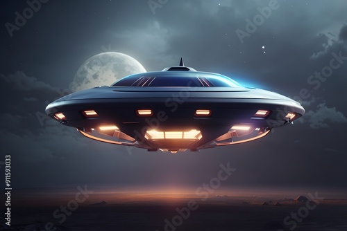 Unidentified flying object - UFO. Science Fiction image concept of ufology and life out of planet Earth. 3D illustration. 