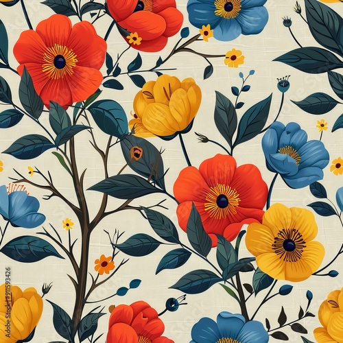 Wallpaper Mural Charming Seamless Pattern of Colorful Wildflowers on Cream Background Torontodigital.ca