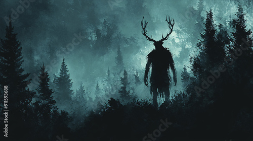 Mysterious Wendigo Silhouette in Haunting Forest Scene with Copy Space