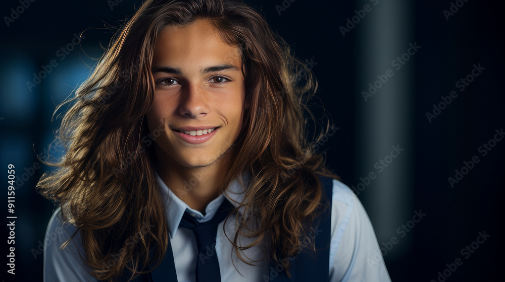 Happy cheerful young latino generation z. Smiling ethnic cool generation z teenage student, long hair, blue background. Happy cheerful young latino generation z. Smiling ethnic cool generation z teenage student, long hair, blue background.