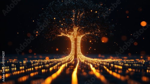 A glowing digital tree with binary code extending from its roots. photo