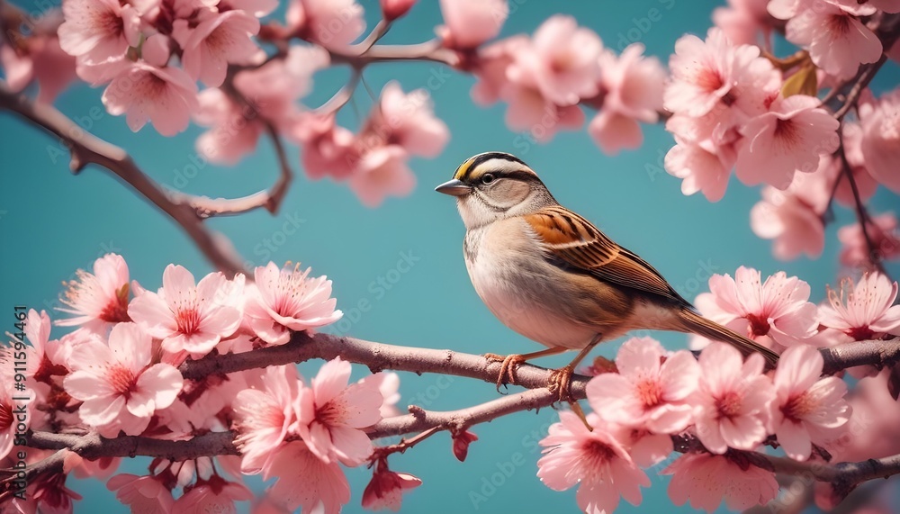 Close-up view of bird rest on tree branches with booming cherry blossom in Spring. Close-up view of bird rest on tree branches with booming cherry blossom in Spring.