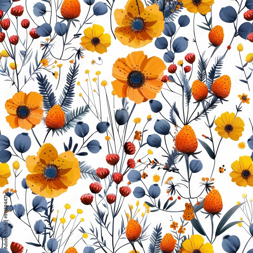 Charming Seamless Pattern Featuring Vibrant Wildflowers on a White Background Charming Seamless Pattern Featuring Vibrant Wildflowers on a White Background