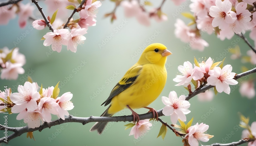 Close-up view of bird rest on tree branches with booming cherry blossom in Spring. Close-up view of bird rest on tree branches with booming cherry blossom in Spring.