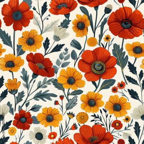 Wallpaper Mural Feminine Seamless Pattern Featuring Vibrant Wildflowers on Light Background Torontodigital.ca