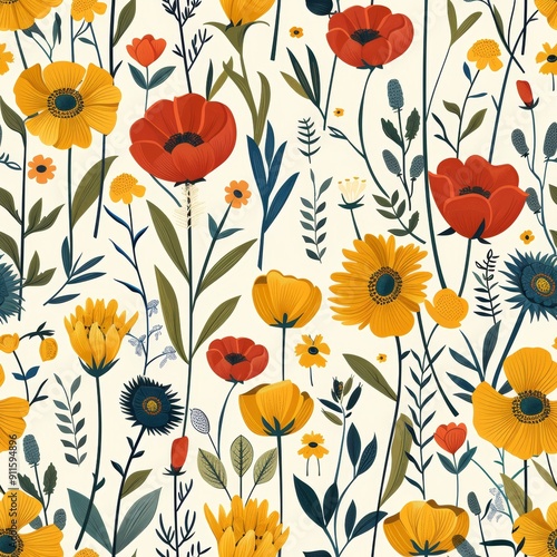 Wallpaper Mural Cute Feminine Seamless Pattern Featuring Wildflowers in Vibrant Colors Torontodigital.ca