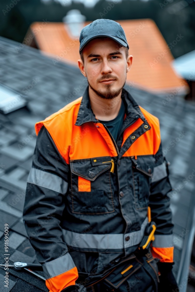 Portrait of a male roofer in a hard hat and safety vest standing on a rooftop Portrait of a male roofer in a hard hat and safety vest standing on a rooftop