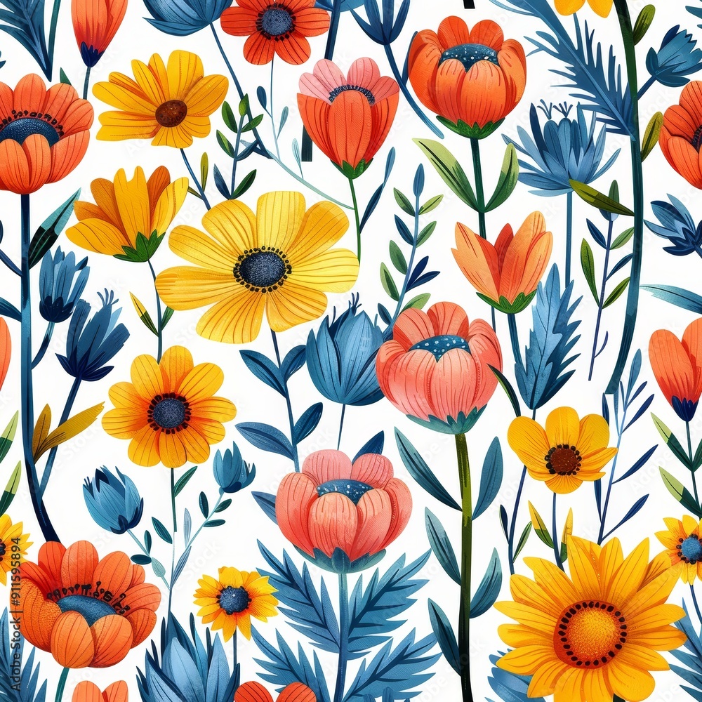 Feminine Seamless Pattern Featuring Colorful Wildflowers on a White Background Feminine Seamless Pattern Featuring Colorful Wildflowers on a White Background