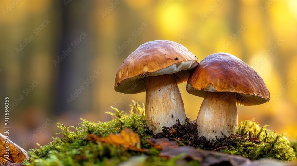 Two Brown-Capped Mushrooms Nestled in Moss Two Brown-Capped Mushrooms Nestled in Moss