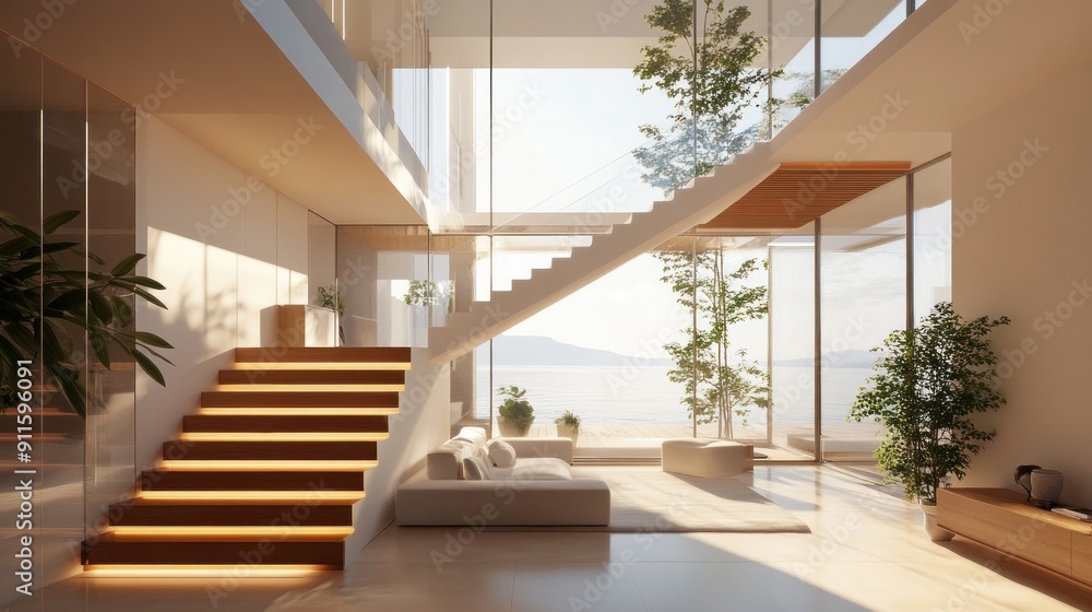 Modern Living Room with Staircase, Ocean View, and Minimalist Design Modern Living Room with Staircase, Ocean View, and Minimalist Design