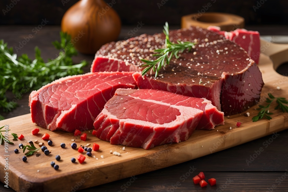 Marble veal steak with rosemary on a board on a wooden background Marble veal steak with rosemary on a board on a wooden background