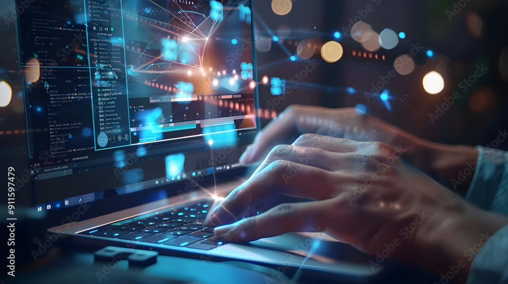 Closeup of hands typing on a laptop keyboard. a digital video player window open with the play button glowing in the background Closeup of hands typing on a laptop keyboard. a digital video player window open with the play button glowing in the background