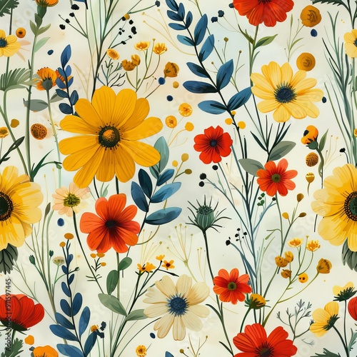 Charming Feminine Pattern Featuring Various Wildflowers in Vibrant Colors