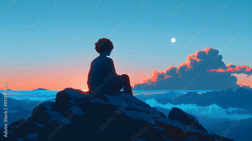 A silhouette of a person sitting on a mountain peak, gazing at a colorful sunset with clouds and distant mountains A silhouette of a person sitting on a mountain peak, gazing at a colorful sunset with clouds and distant mountains