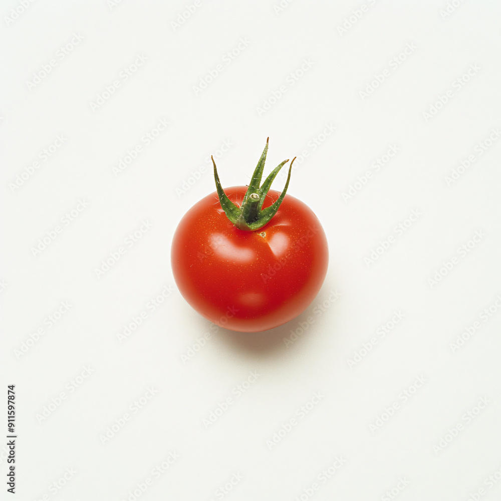 Vibrant Red Cherry Tomato on White Background with Green Stem - Freshness and Contrast in Close-Up Shot Vibrant Red Cherry Tomato on White Background with Green Stem - Freshness and Contrast in Close-Up Shot