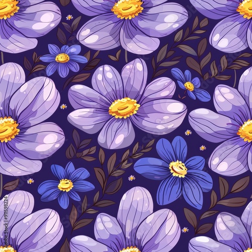 Cute Feminine Seamless Pattern Featuring Wildflowers on a Deep Purple Background