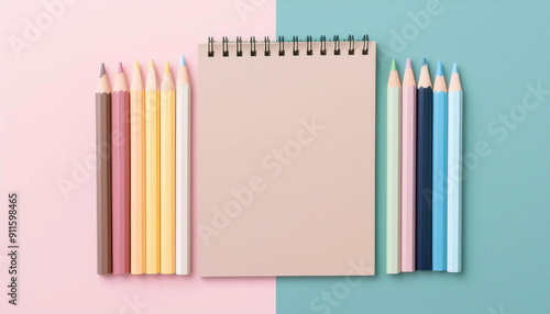 Blank notepad on pastel colored background surrounded by colored pencils business resource