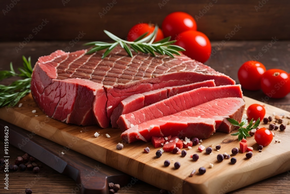 Marble veal steak with rosemary on a board on a wooden background Marble veal steak with rosemary on a board on a wooden background