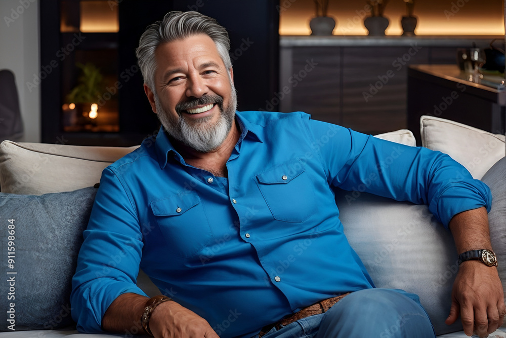 Middle-Aged Man Smiling Contentedly in Blue Shirt on Modern Couch Middle-Aged Man Smiling Contentedly in Blue Shirt on Modern Couch