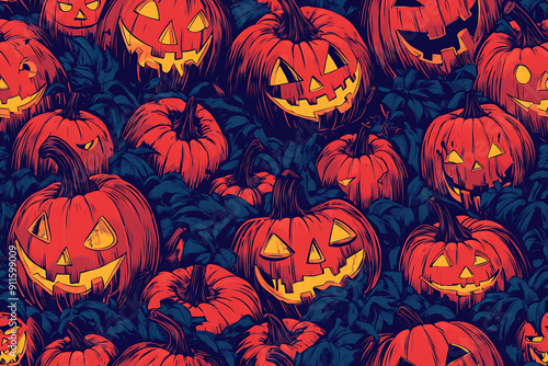 Vector illustration of Halloween pumpkins in risograph and line art styles, featuring bold outlines and intricate details. The design embodies the spooky spirit of Halloween with artistic flair