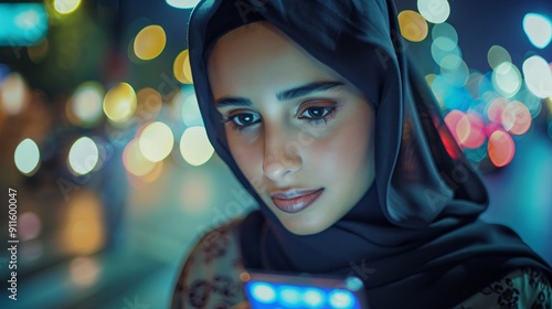 Woman in Hijab Gazing at Phone in City Lights