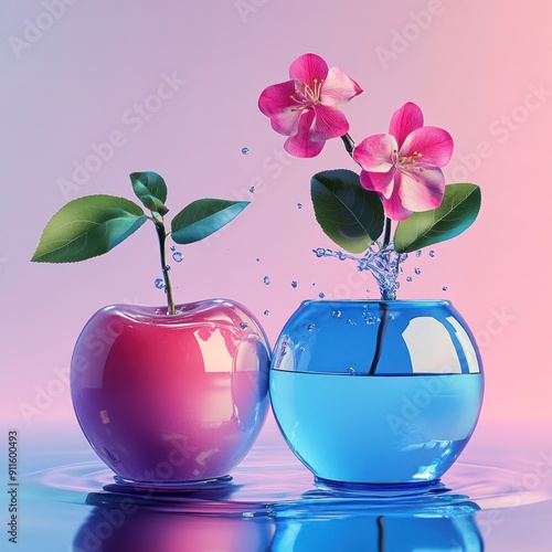 Pink and blue liquid-filled apple vases with flowers. photo