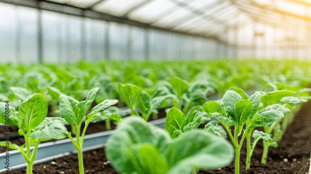 A detailed shot of a greenhouse with rows of young vegetable plants, ready for transplanting A detailed shot of a greenhouse with rows of young vegetable plants, ready for transplanting