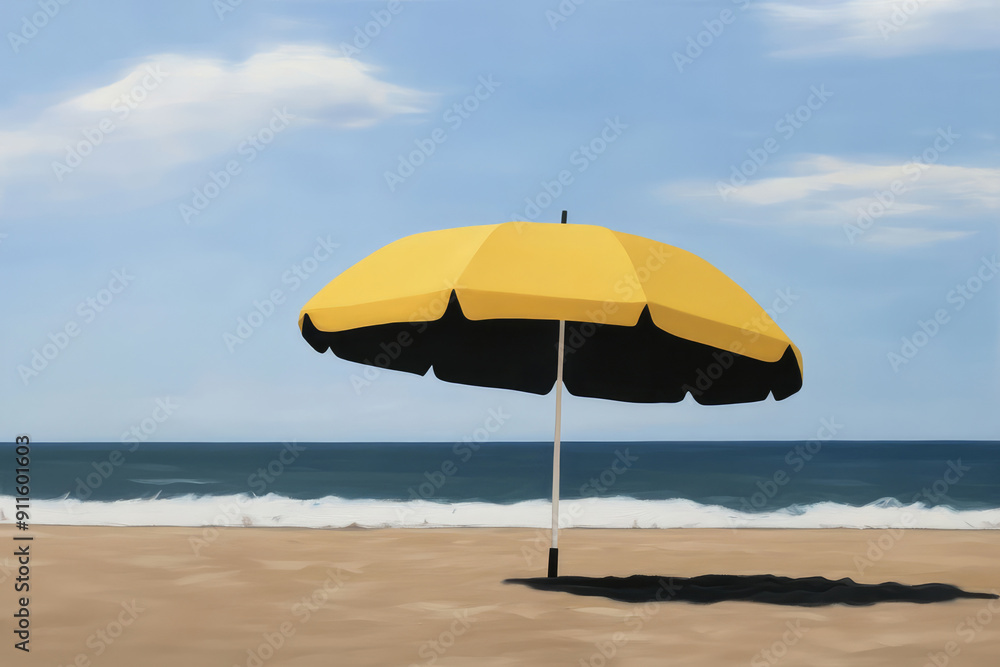A yellow beach umbrella stands alone on a sandy shore with the ocean waves gently crashing in the background under a partly cloudy sky. A yellow beach umbrella stands alone on a sandy shore with the ocean waves gently crashing in the background under a partly cloudy sky.
